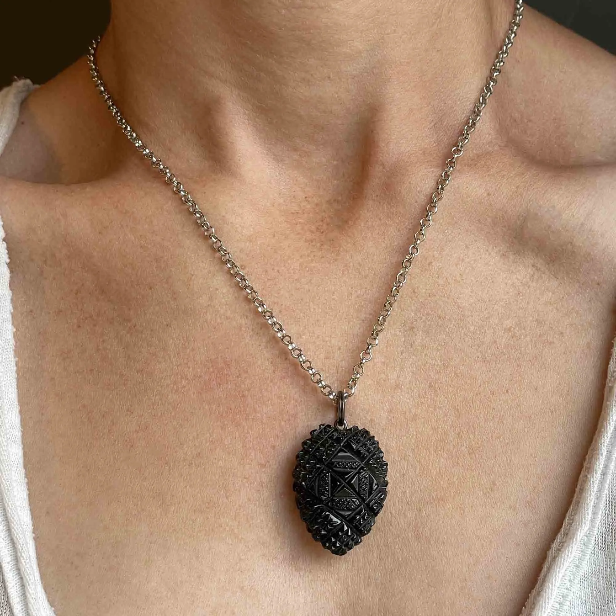 Victorian Mother of Pearl Feather Whitby Jet Pendant Necklace