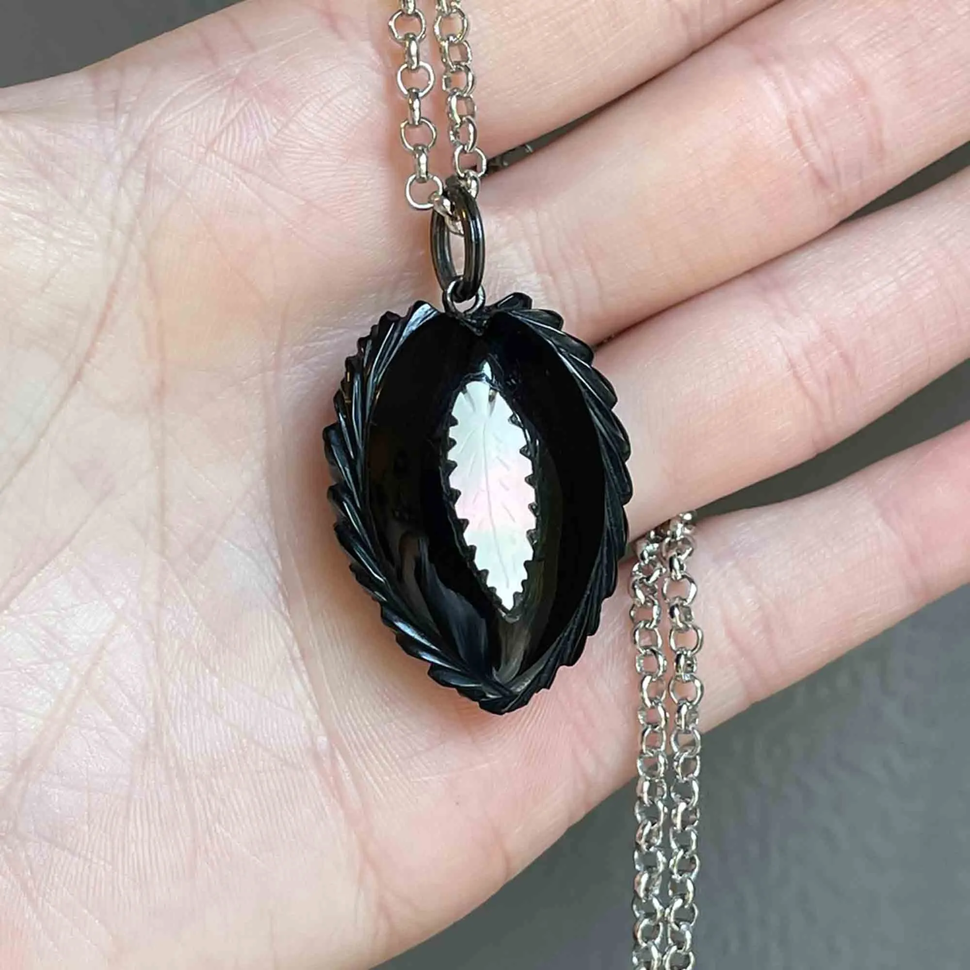 Victorian Mother of Pearl Feather Whitby Jet Pendant Necklace