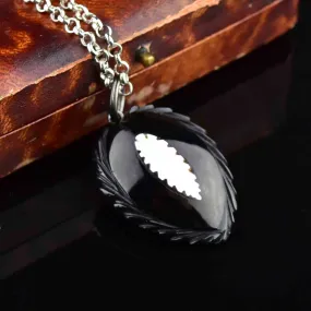 Victorian Mother of Pearl Feather Whitby Jet Pendant Necklace