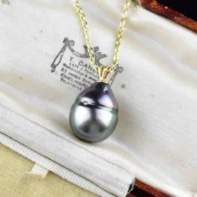 Vintage 14K Gold Baroque Black Pearl Pendant Necklace