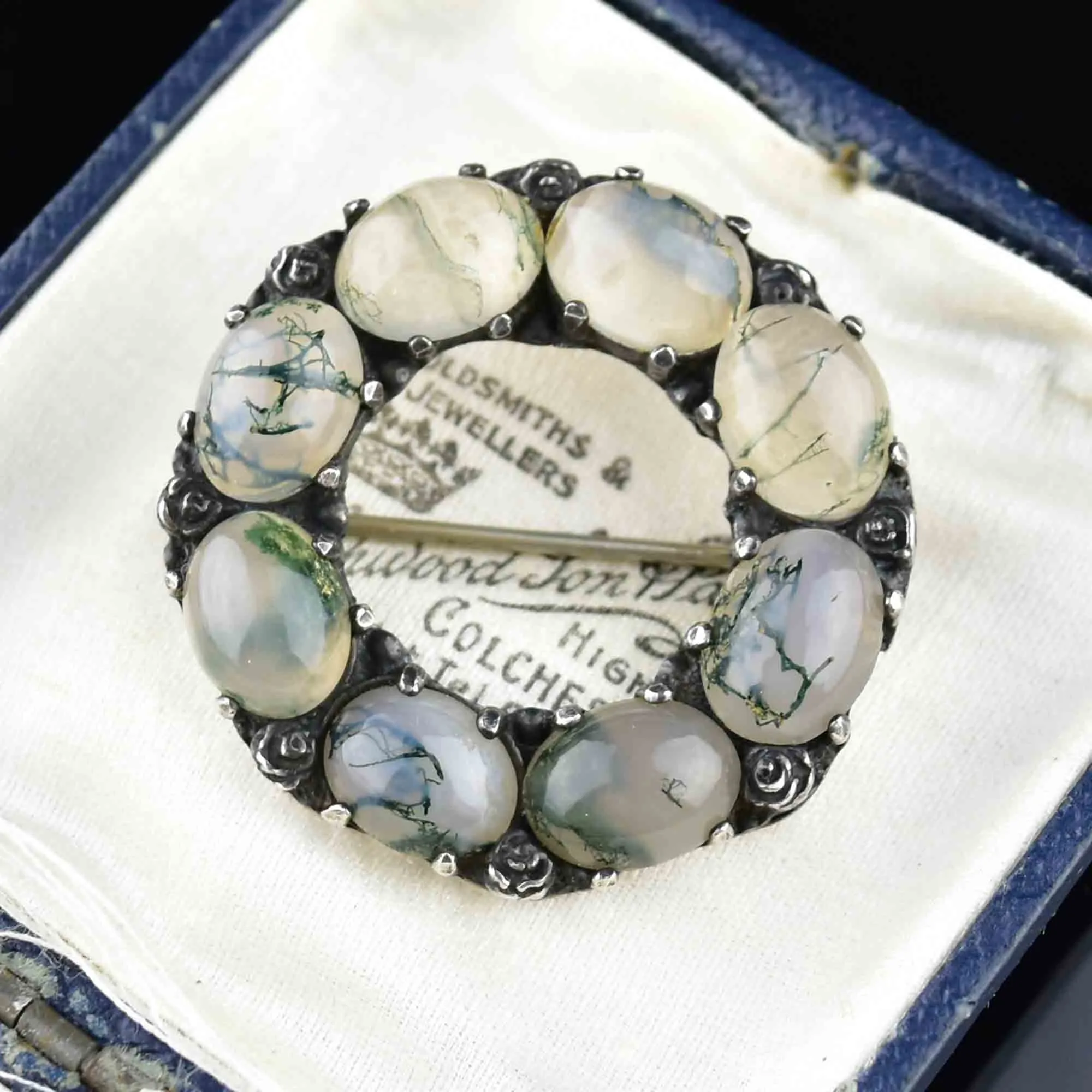 Vintage Arts and Crafts Silver Moss Agate Brooch