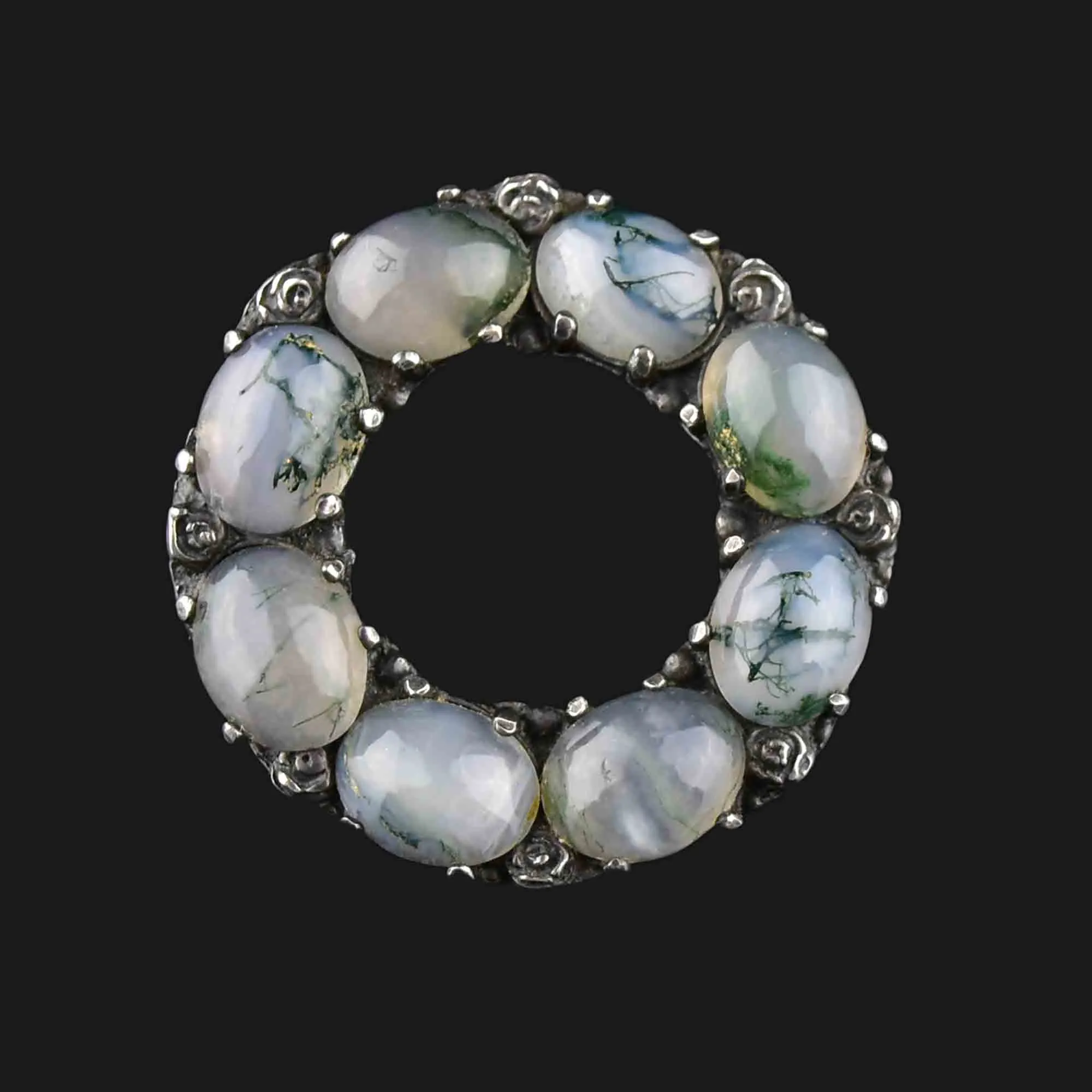 Vintage Arts and Crafts Silver Moss Agate Brooch