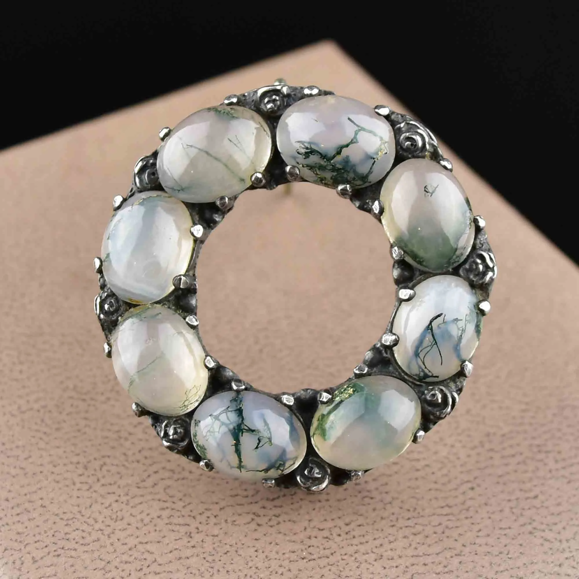 Vintage Arts and Crafts Silver Moss Agate Brooch